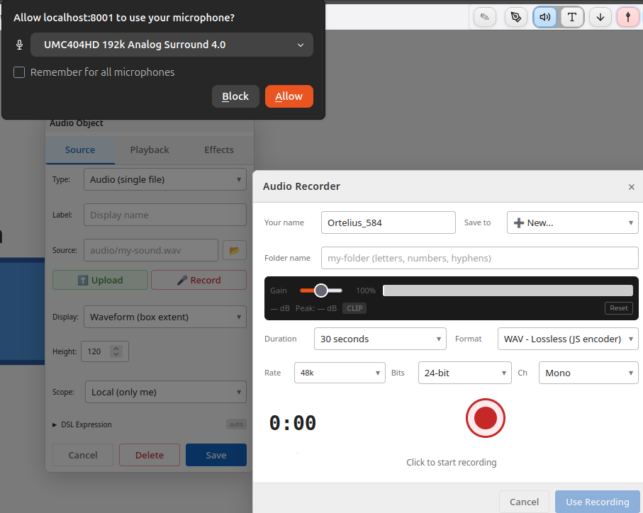 Audio Object toolbar and recorder