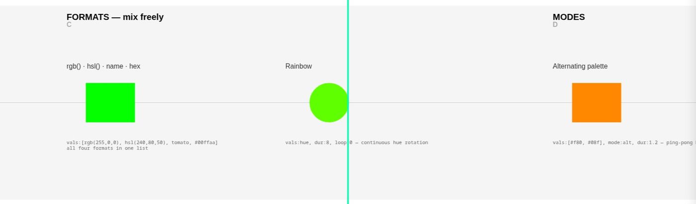 demo-color, zoomed out — rgb(), hsl(), names and hex mixed in one list, a continuous hue rotation, and a two-colour palette ping-ponging