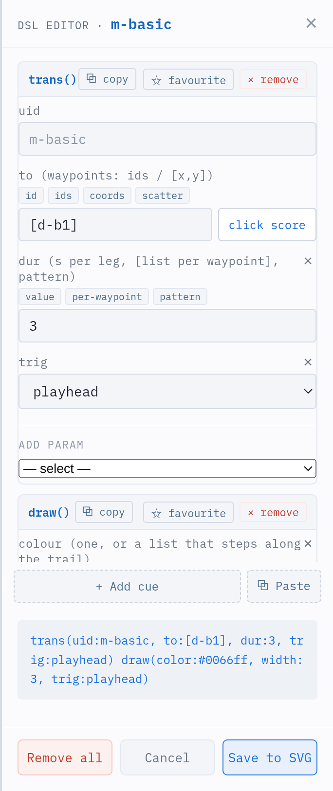 The editor on an element with a trans() and a draw() cue