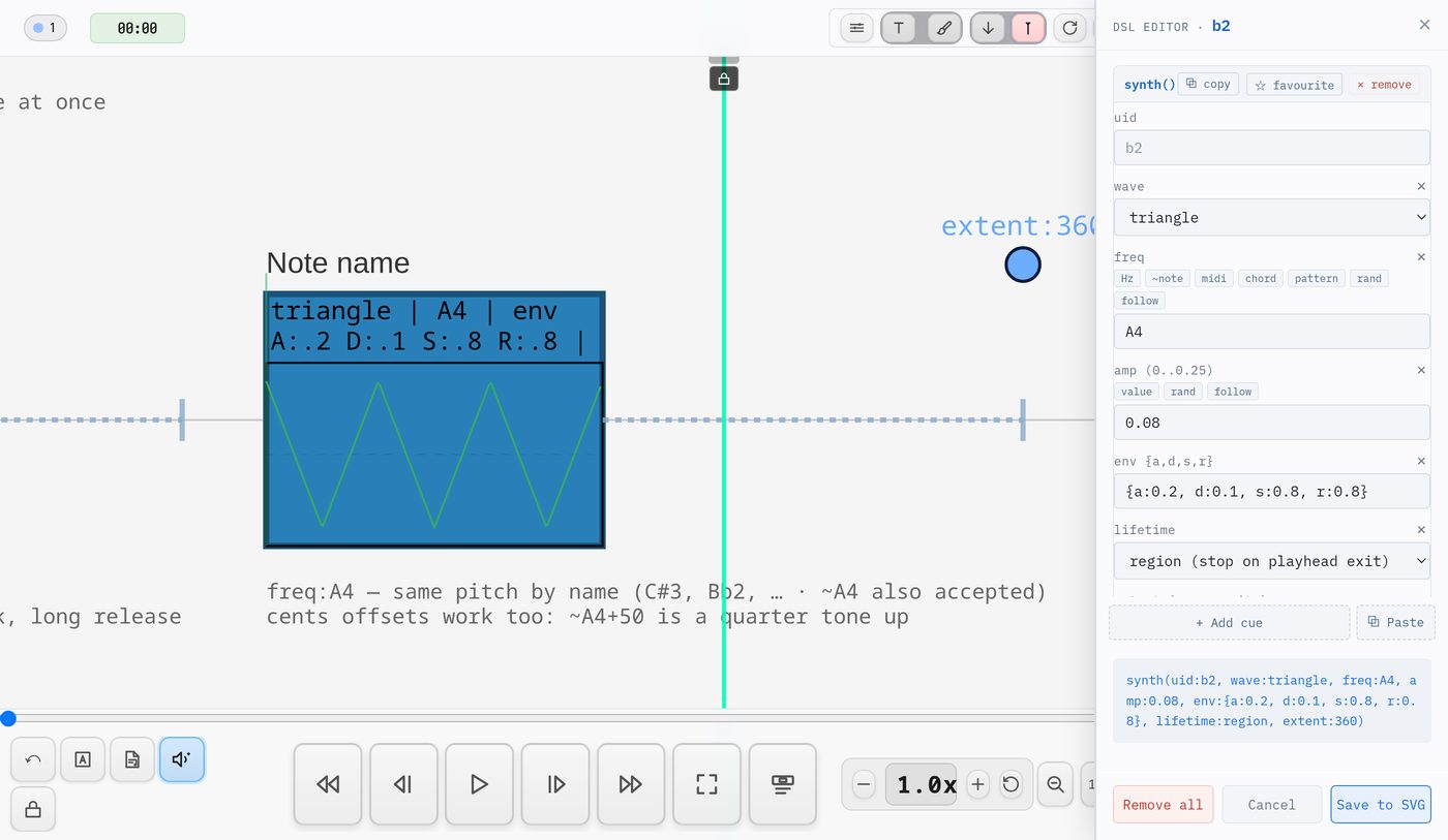 The DSL editor open on a synth