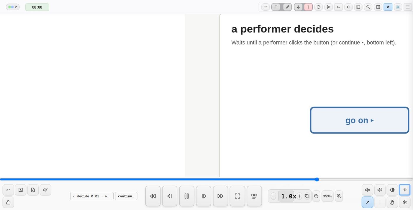 A gate: the station waits until its own button is clicked — until:"click:c1-button" — with continue ▸ beside the route button