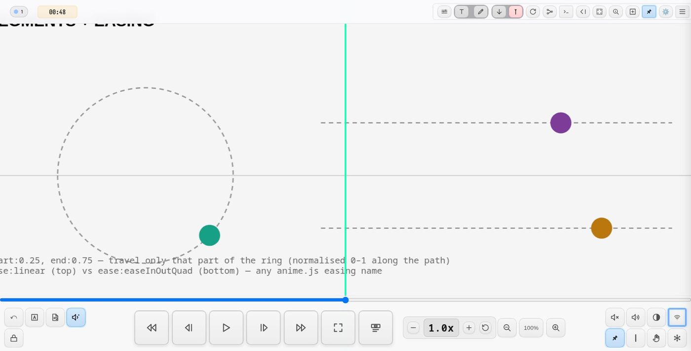 demo-o2p — a ring travelled only from start:0.25 to end:0.75, and the same journey with linear and easeInOutQuad easing