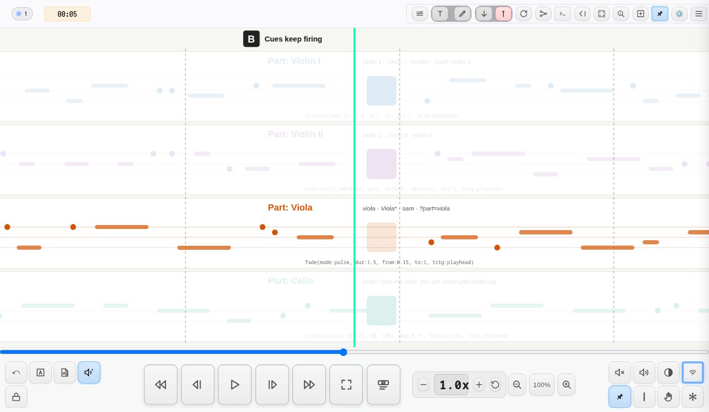 demo-parts with the viola part bright and the other three lanes dimmed