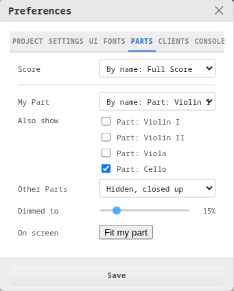 The Parts tab of the preferences dialog