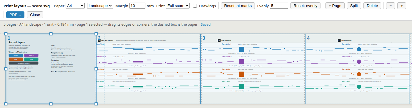 The print layout: the score with numbered page frames over it