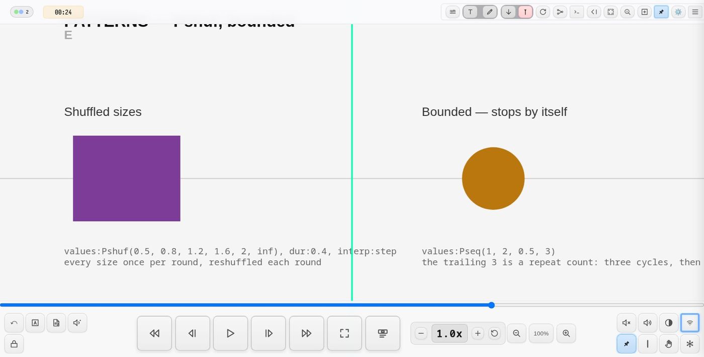 demo-scale — sizes from a shuffled pattern (Pshuf), and a bounded Pseq that stops by itself