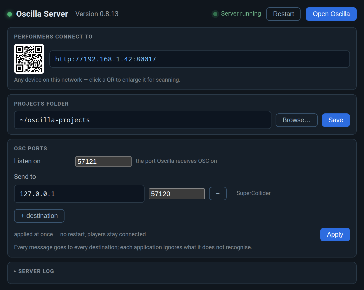 The server console the app opens