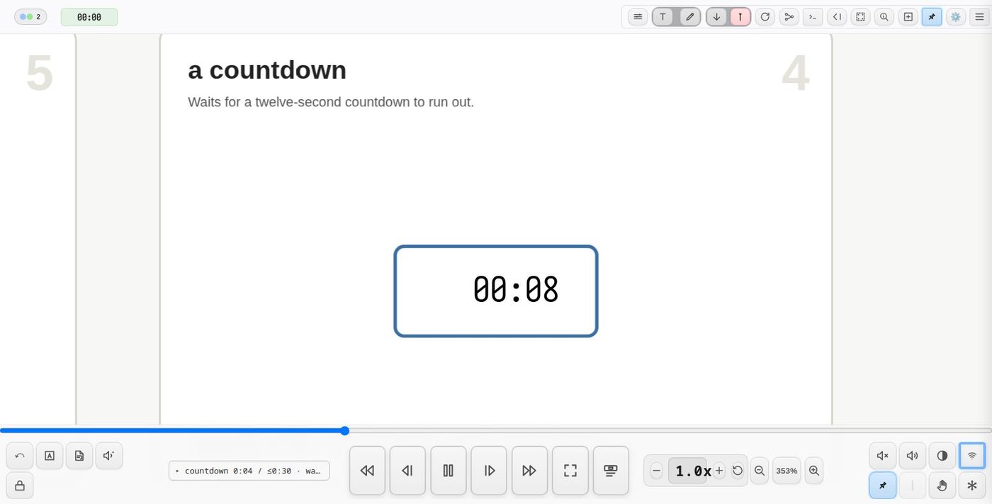 stopwatch(down:1) counting down twelve seconds; the station moves on when it ends (until:"b3-clock.end")