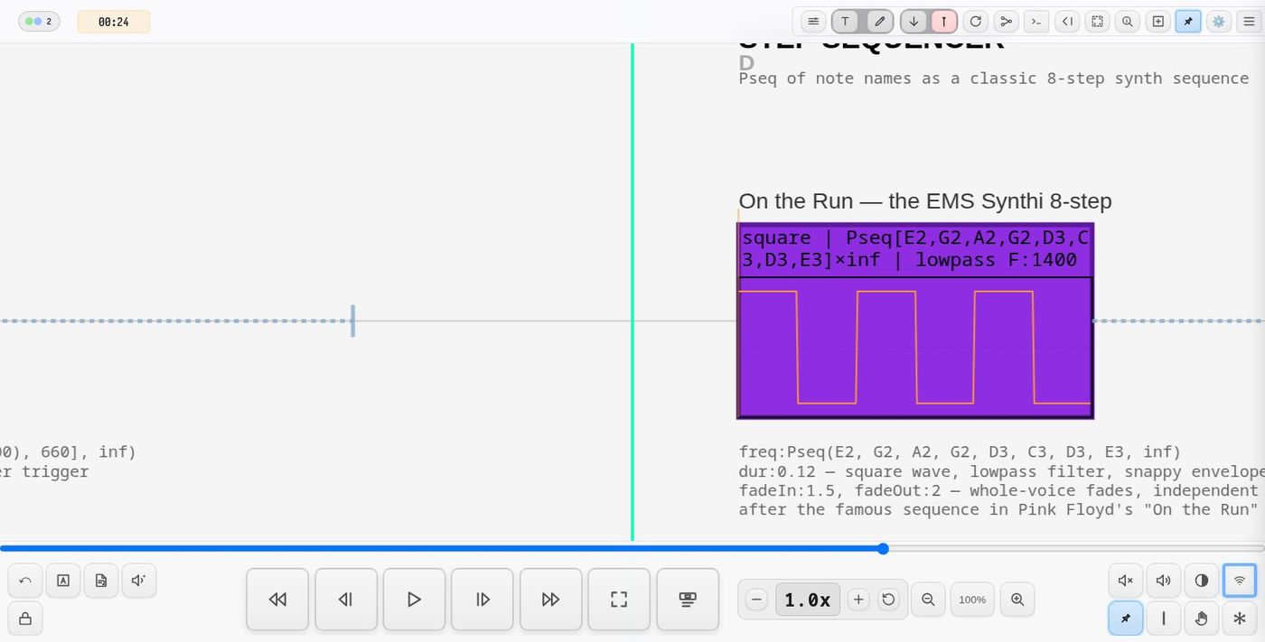 demo-synth — a classic 8-step sequence (a Pseq of note names) with its scope