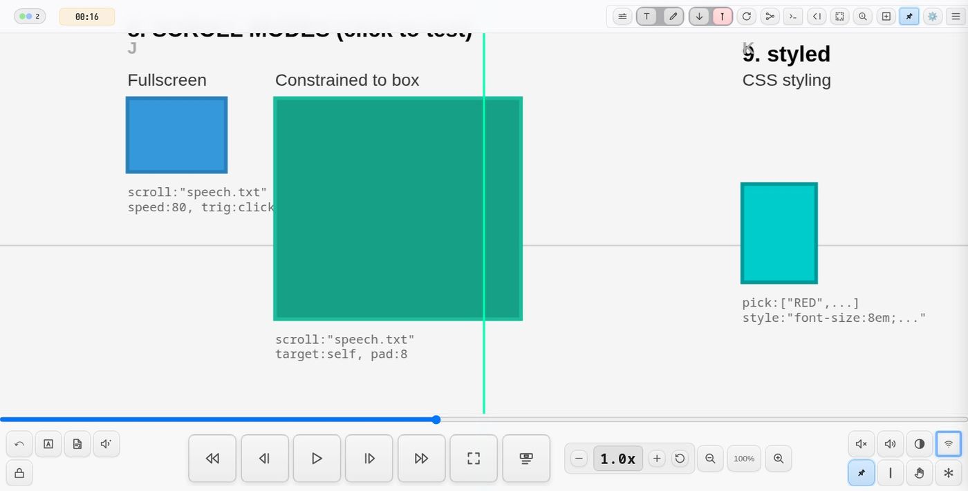 demo-text — scroll modes (fullscreen, constrained to a box) and styled text