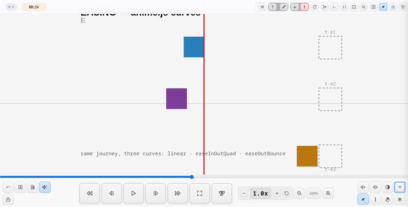 demo-trans — the same journey with three easing curves: linear, easeInOutQuad, easeOutBounce
